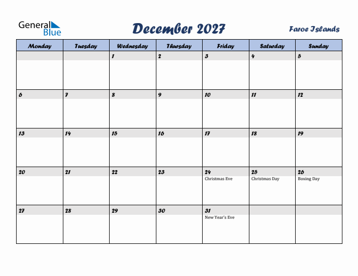 December 2027 Calendar with Holidays in Faroe Islands