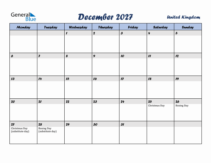 December 2027 Calendar with Holidays in United Kingdom
