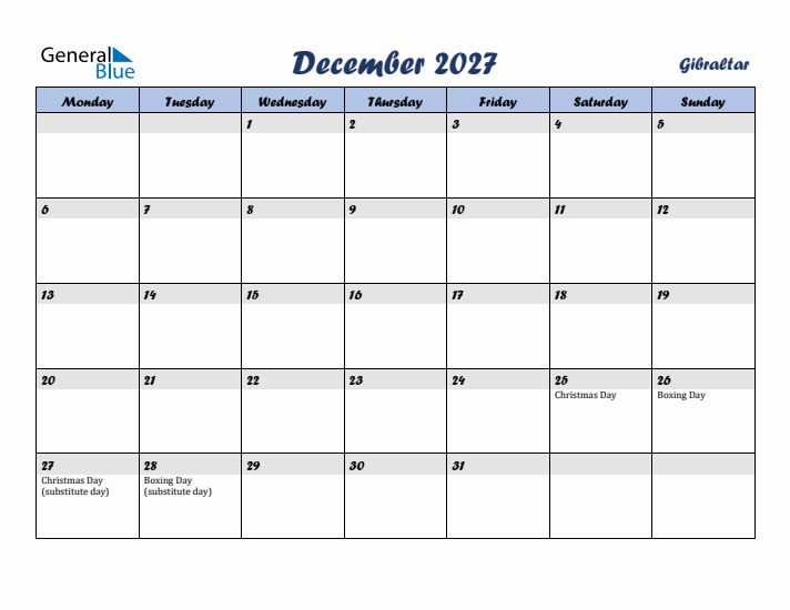 December 2027 Calendar with Holidays in Gibraltar