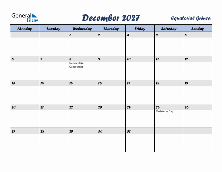 December 2027 Calendar with Holidays in Equatorial Guinea