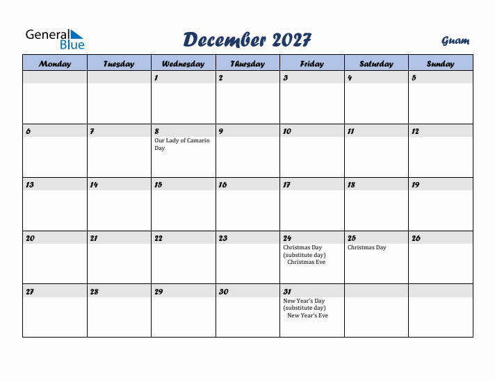 December 2027 Calendar with Holidays in Guam