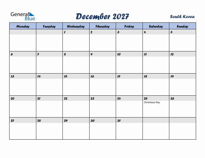 December 2027 Calendar with Holidays in South Korea