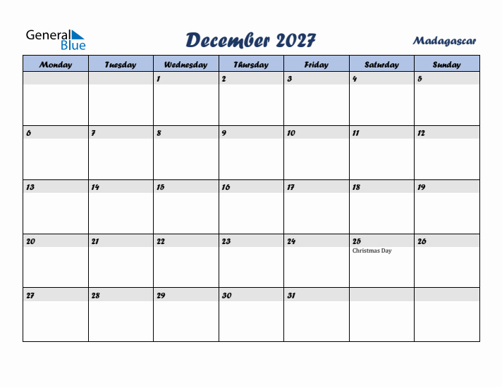 December 2027 Calendar with Holidays in Madagascar
