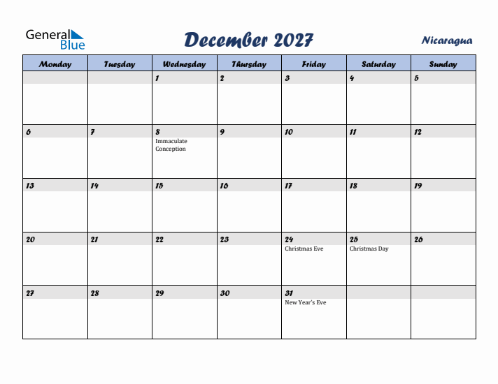December 2027 Calendar with Holidays in Nicaragua