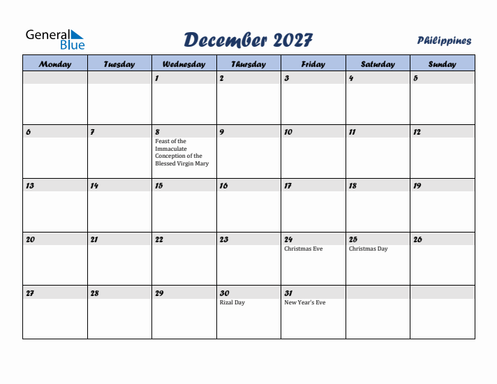 December 2027 Calendar with Holidays in Philippines