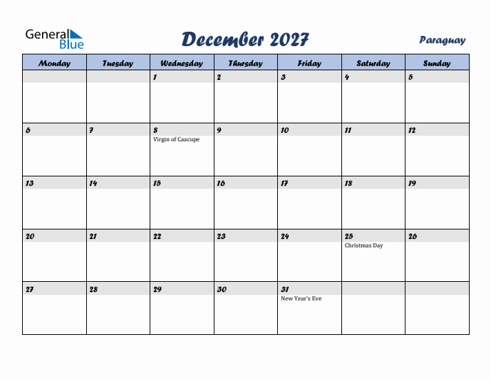December 2027 Calendar with Holidays in Paraguay