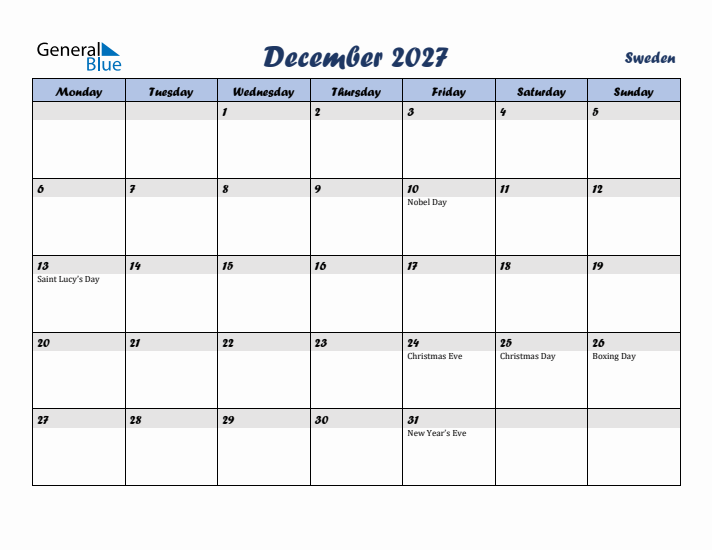 December 2027 Calendar with Holidays in Sweden