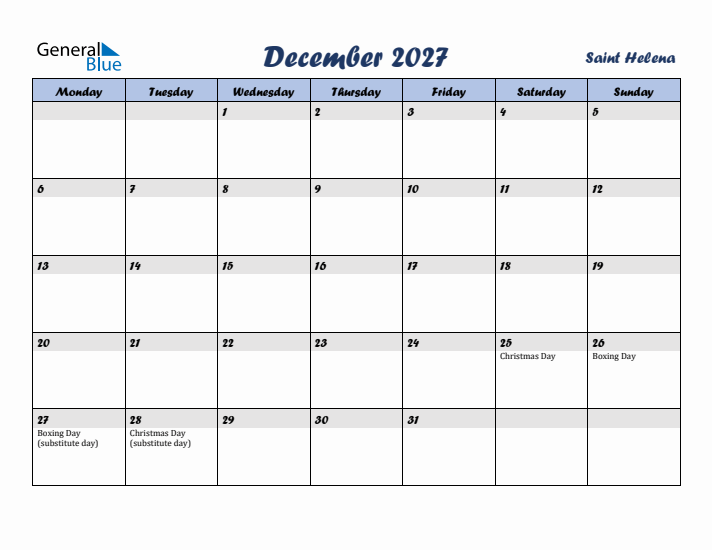 December 2027 Calendar with Holidays in Saint Helena