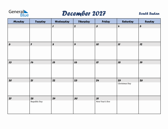 December 2027 Calendar with Holidays in South Sudan