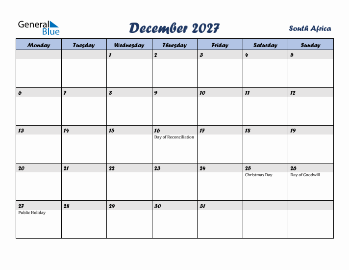 December 2027 Calendar with Holidays in South Africa