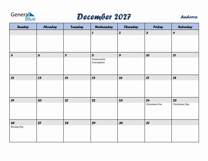 December 2027 Calendar with Holidays in Andorra