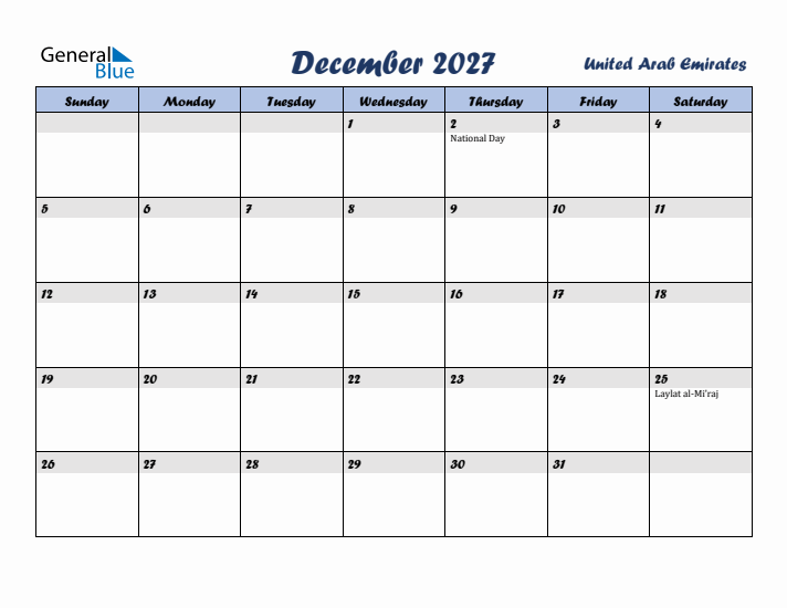 December 2027 Calendar with Holidays in United Arab Emirates