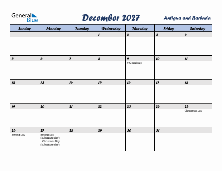 December 2027 Calendar with Holidays in Antigua and Barbuda
