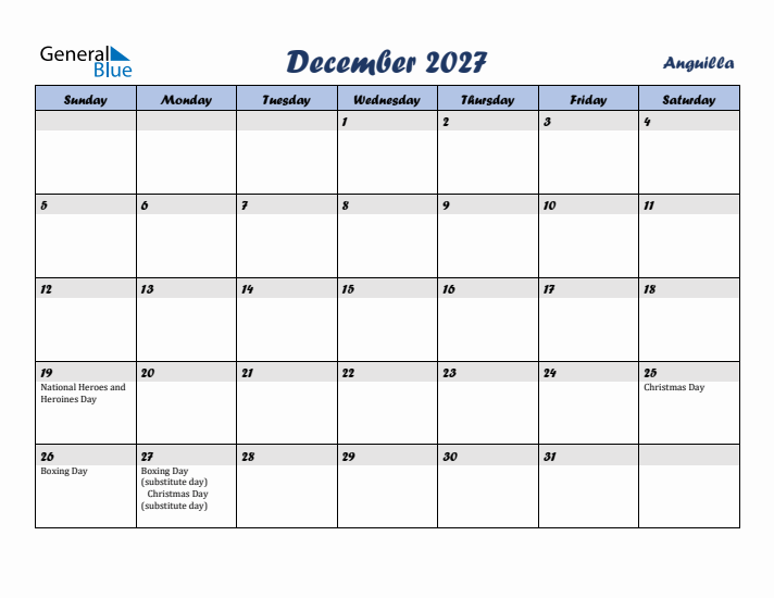 December 2027 Calendar with Holidays in Anguilla