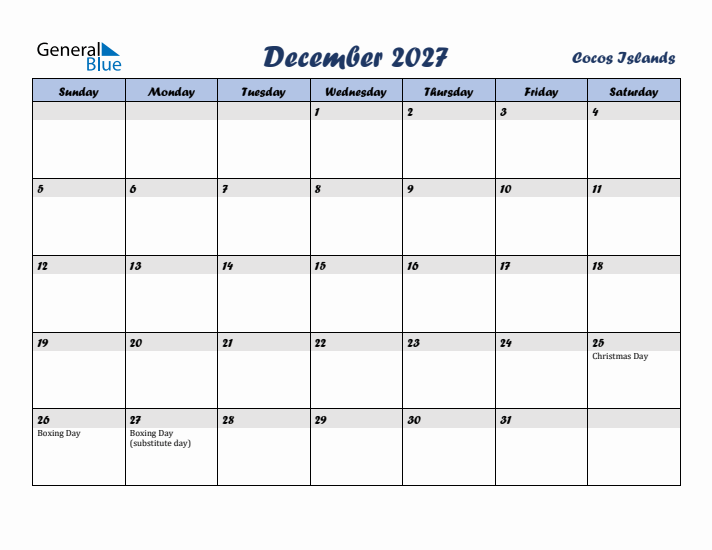 December 2027 Calendar with Holidays in Cocos Islands