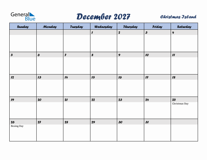 December 2027 Calendar with Holidays in Christmas Island