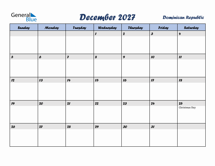 December 2027 Calendar with Holidays in Dominican Republic
