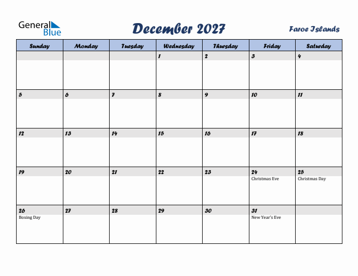 December 2027 Calendar with Holidays in Faroe Islands