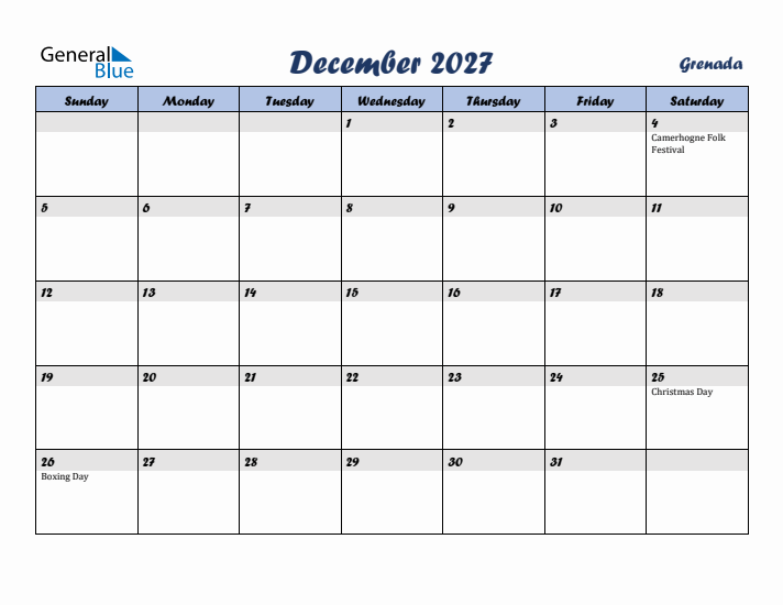 December 2027 Calendar with Holidays in Grenada