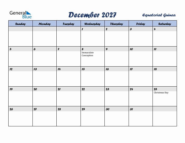 December 2027 Calendar with Holidays in Equatorial Guinea