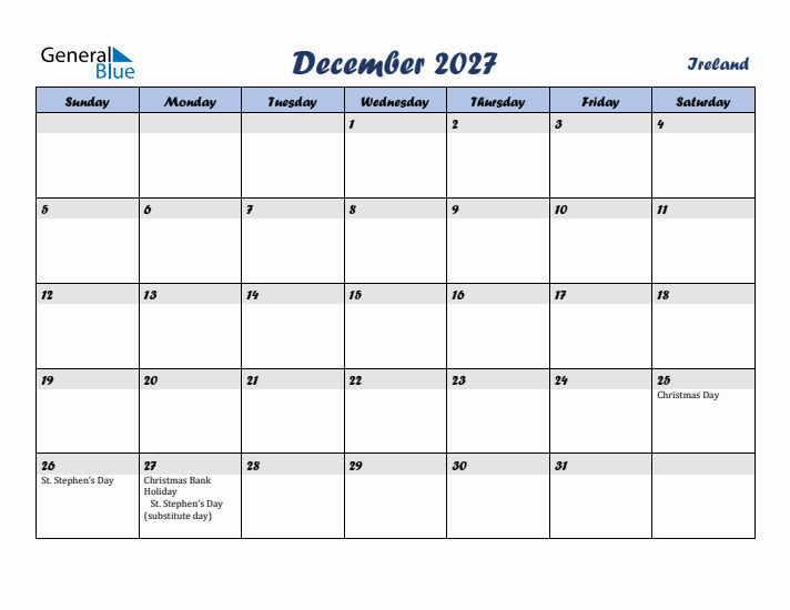 December 2027 Calendar with Holidays in Ireland