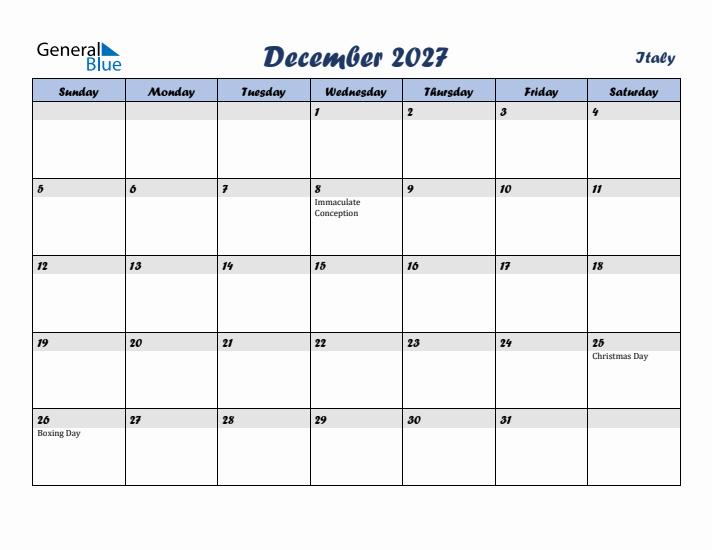 December 2027 Calendar with Holidays in Italy