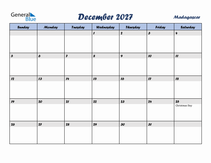 December 2027 Calendar with Holidays in Madagascar