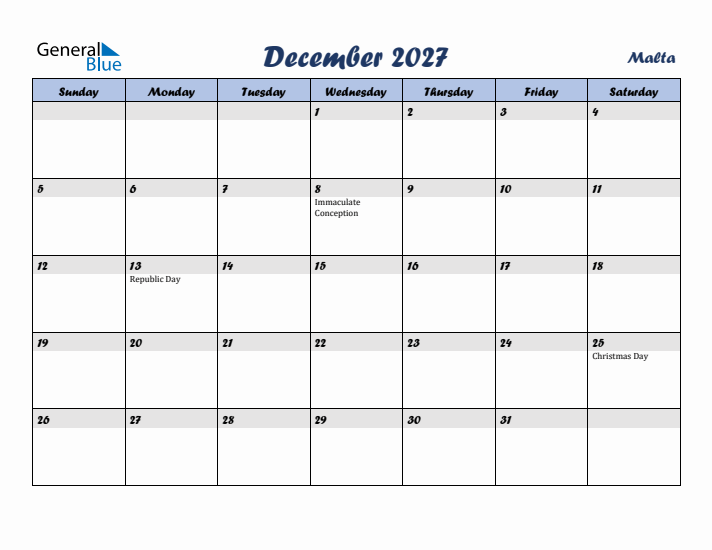 December 2027 Calendar with Holidays in Malta