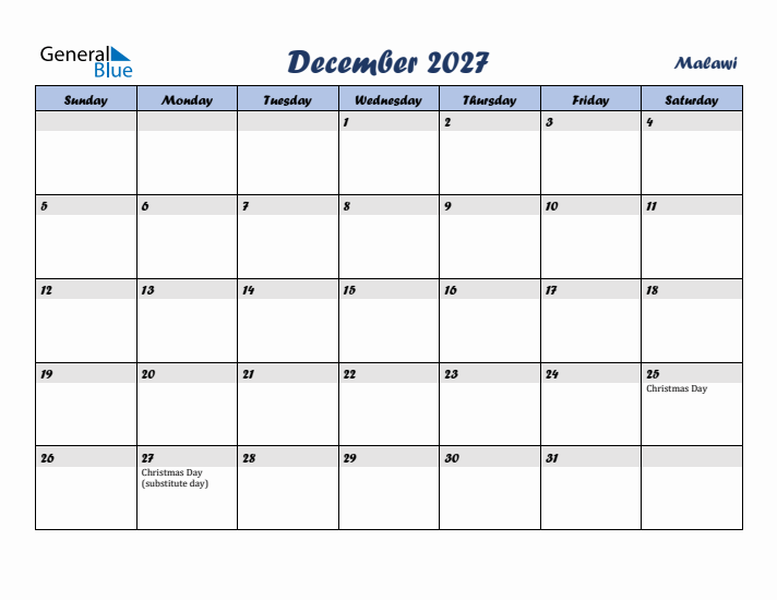 December 2027 Calendar with Holidays in Malawi