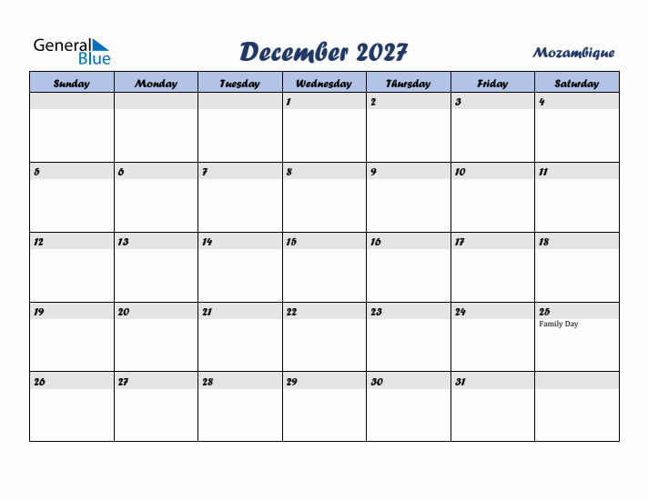 December 2027 Calendar with Holidays in Mozambique