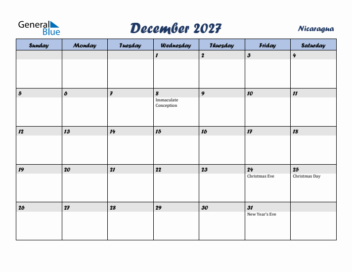 December 2027 Calendar with Holidays in Nicaragua