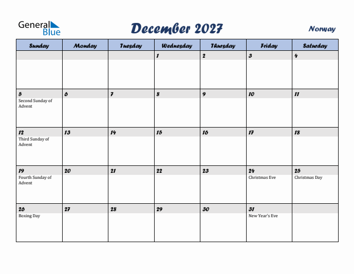 December 2027 Calendar with Holidays in Norway