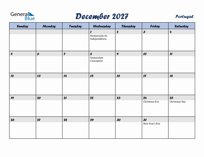 December 2027 Calendar with Holidays in Portugal