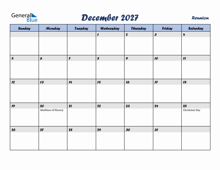 December 2027 Calendar with Holidays in Reunion