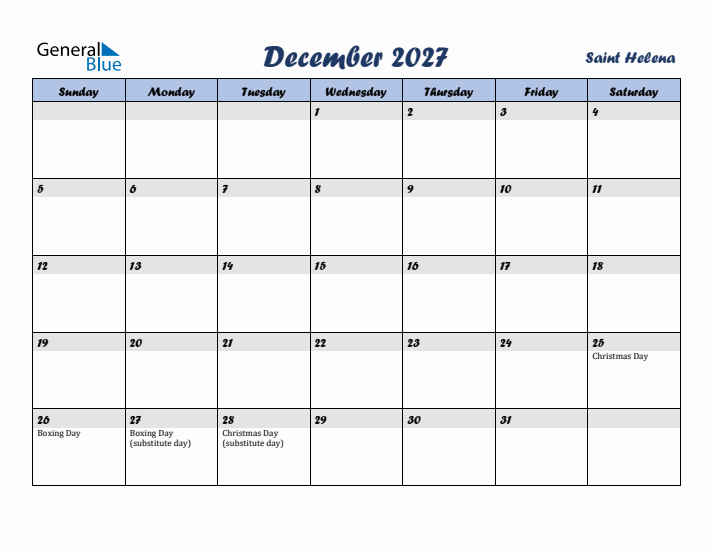 December 2027 Calendar with Holidays in Saint Helena