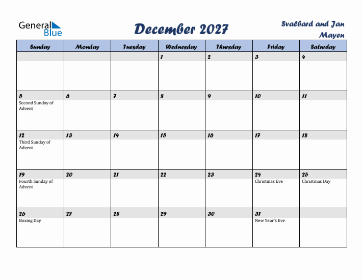 December 2027 Calendar with Holidays in Svalbard and Jan Mayen
