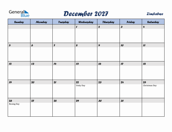 December 2027 Calendar with Holidays in Zimbabwe