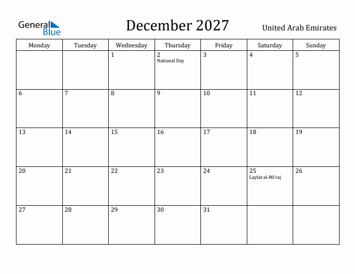 December 2027 Calendar United Arab Emirates
