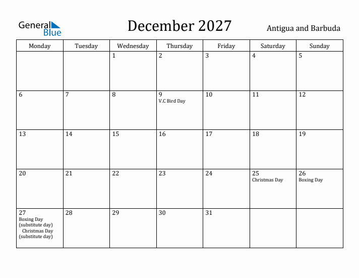 December 2027 Calendar Antigua and Barbuda