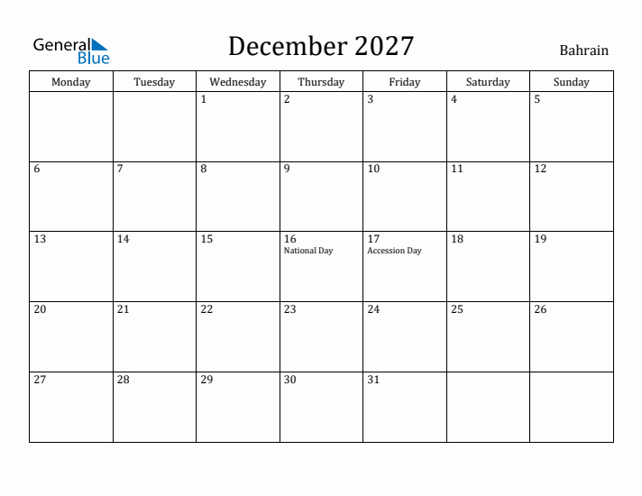 December 2027 Calendar Bahrain