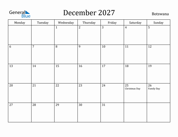 December 2027 Calendar Botswana