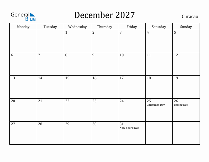 December 2027 Calendar Curacao