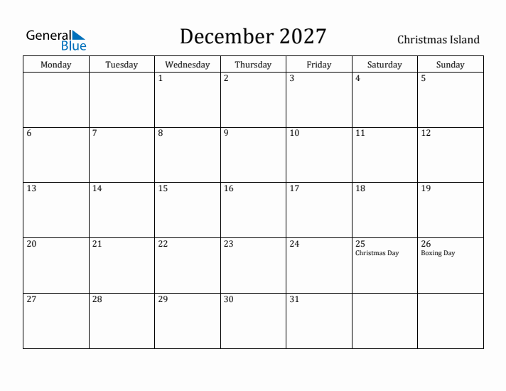 December 2027 Calendar Christmas Island