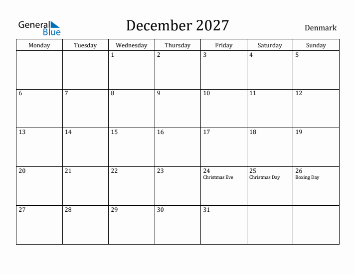 December 2027 Calendar Denmark