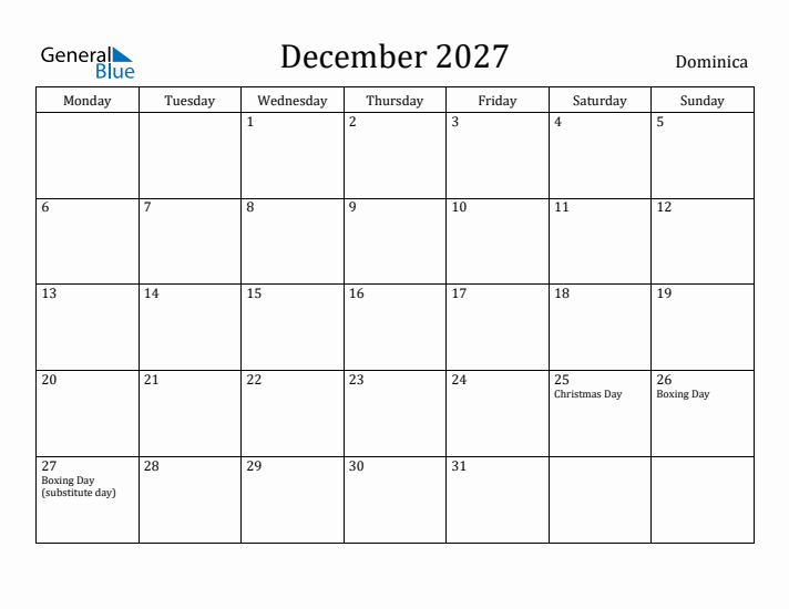December 2027 Calendar Dominica