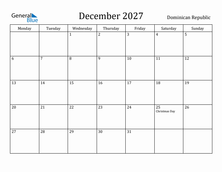 December 2027 Calendar Dominican Republic
