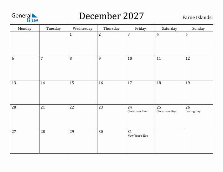 December 2027 Calendar Faroe Islands