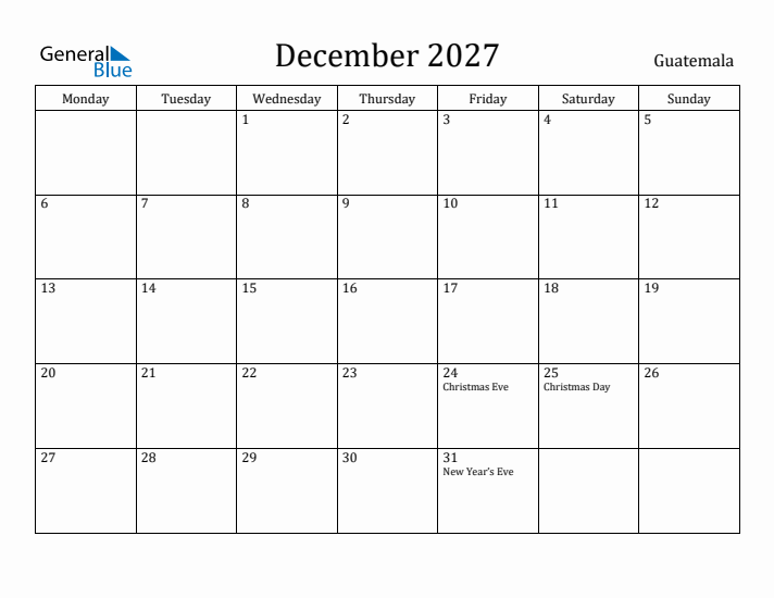 December 2027 Calendar Guatemala