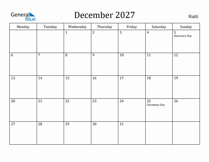 December 2027 Calendar Haiti