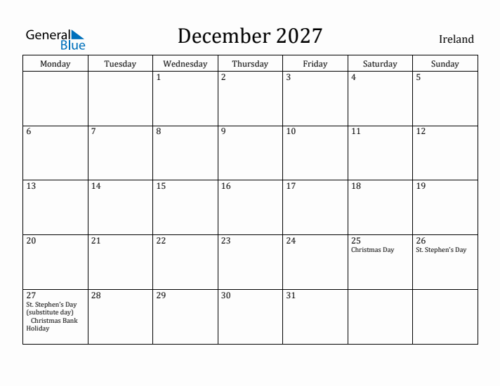 December 2027 Calendar Ireland